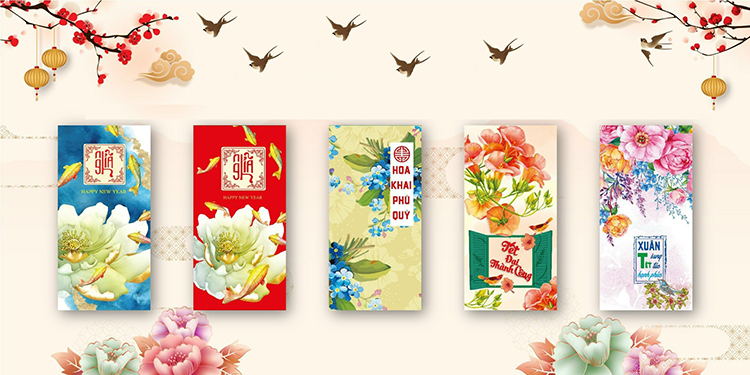 Xấp 10 Bao Lì Xì Chúc Mừng Năm Mới Mẫu Hoa Khai Phú Quý