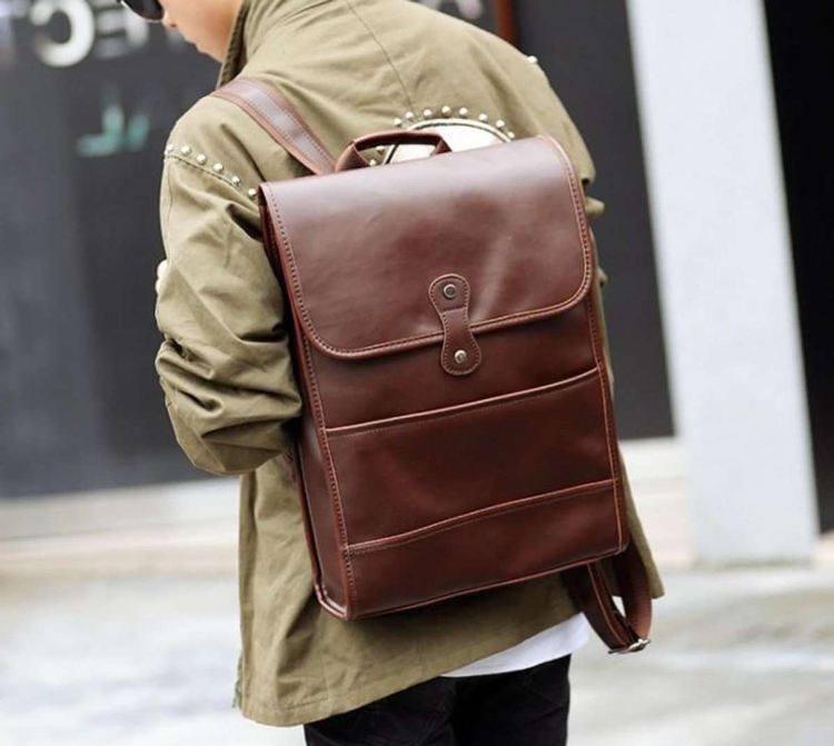 Men'S Trendy Casual Backpack Crazy Horse Leather Laptop Student Bag - Coffee