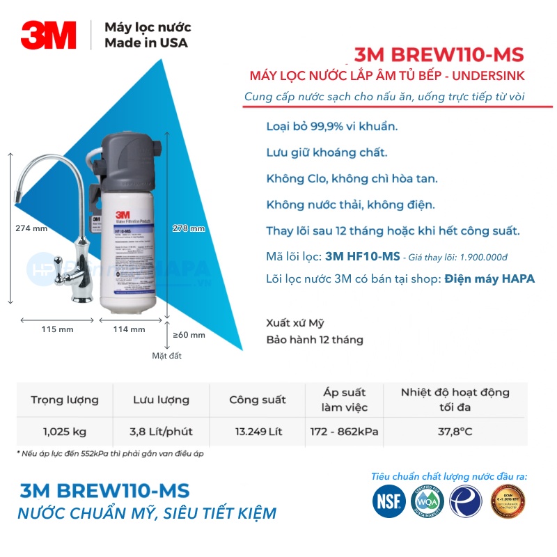 Thông số kỹ thuật của Máy Lọc Nước 3M BREW110-MS - BREW110MS - HF100MS - Hàng Chính Hãng