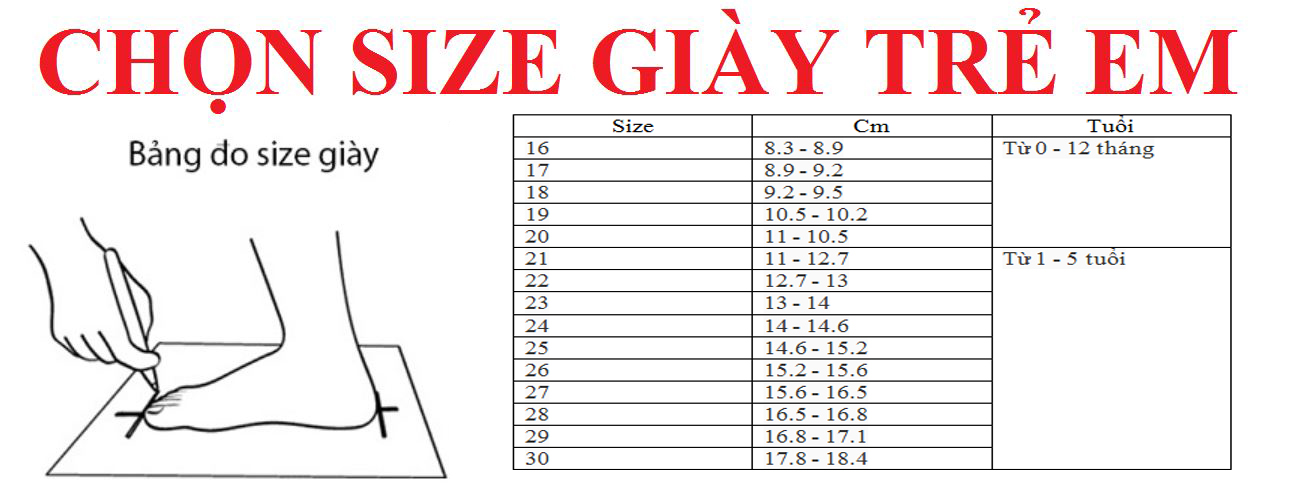 bảng đo size giày trẻ em