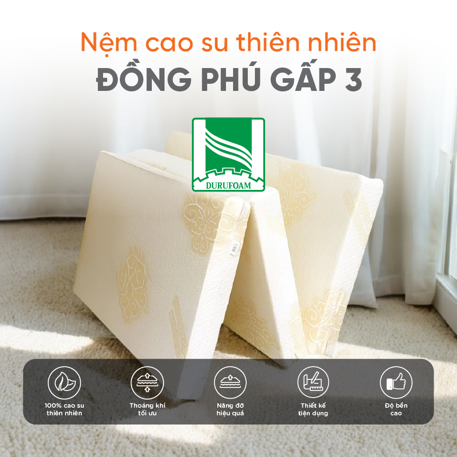 Nệm Gấp 3 Cao Su Thiên Nhiên Đồng Phú- Đàn hồi-hỗ trợ thẳng lưng- Bảo hành 7 năm.