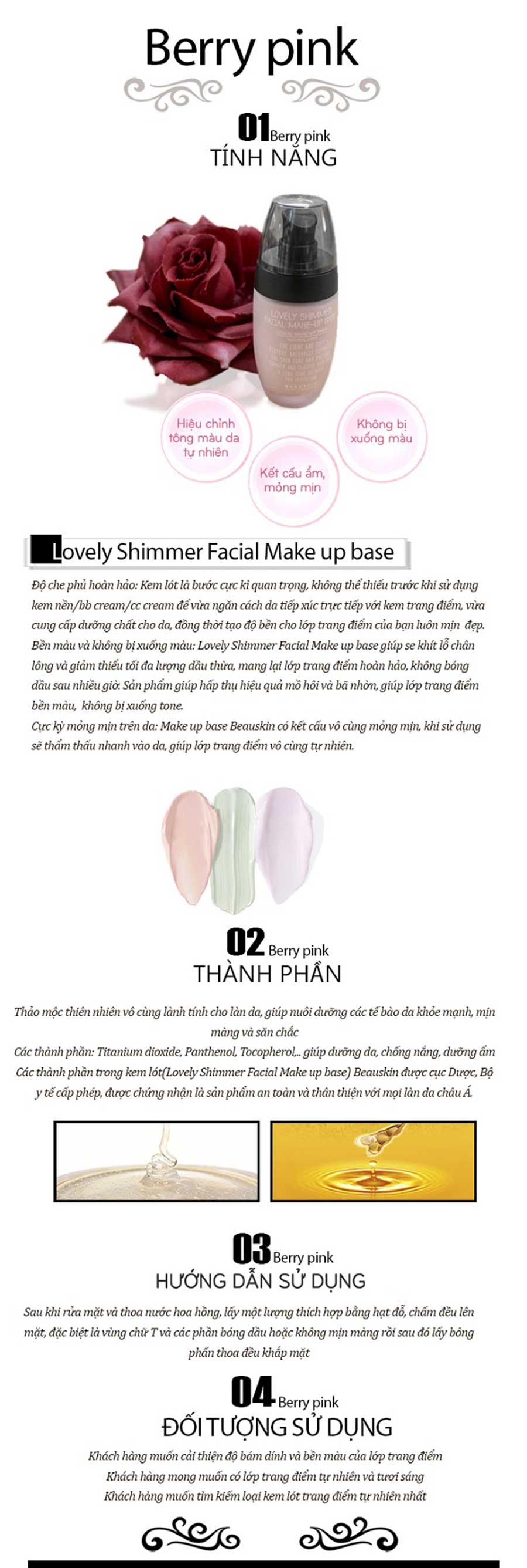 Kem lót Beauskin Lovely Shimmer Facial Makeup Base - Berry Pink (45ml) - Alice Green