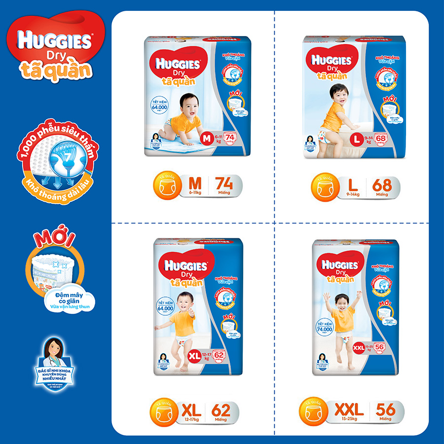 Combo 3 Gói Tã Quần Huggies Dry Gói Cực Đại L68 (68 Miếng) - Bao Bì Mới