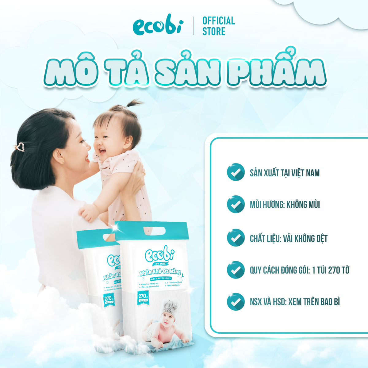 Thùng 05 túi khăn vải khô đa năng cho bé Ecowipes túi 270 tờ 345g mềm mịn dai thấm hút tốt