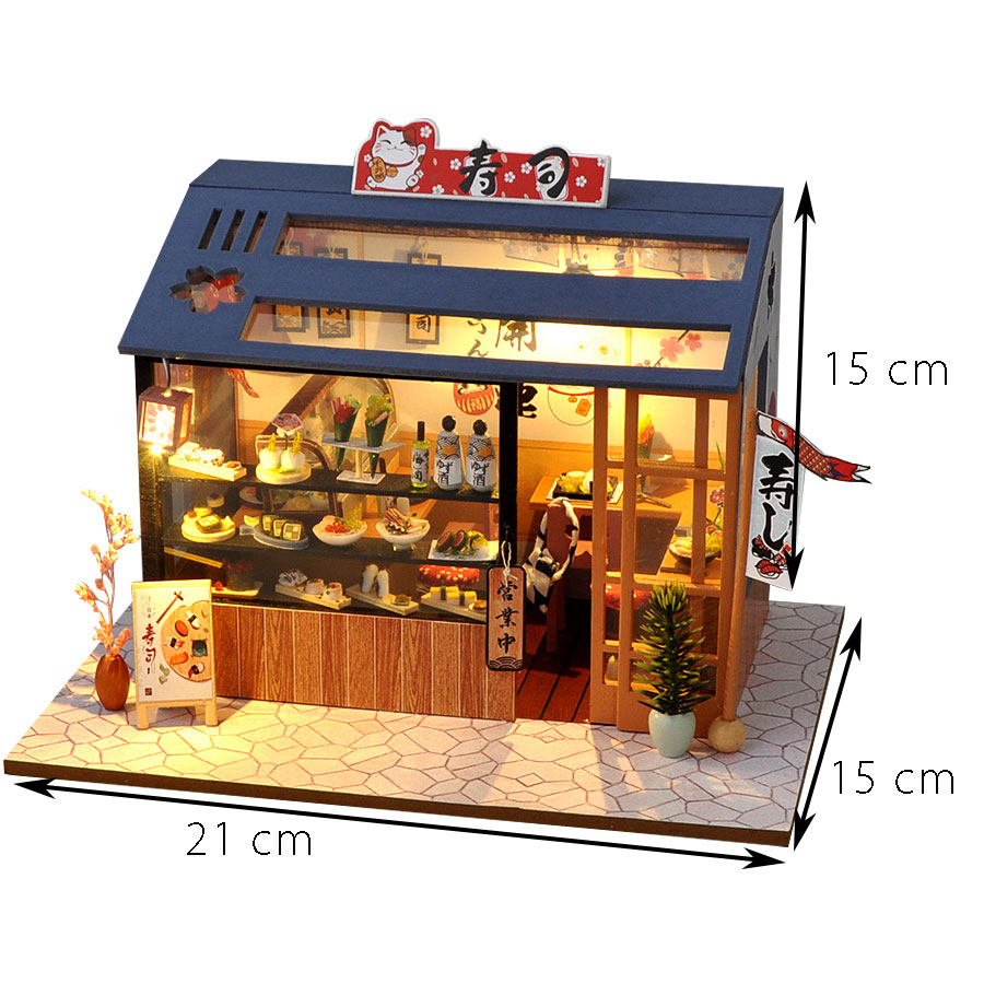 mô hình nhà búp bê lắp ghép bằng gỗ mẫu sushi shop tặng kèm dụng cụ lắp ghép, keo silicon 1