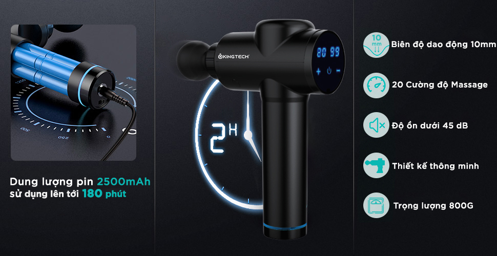 Máy Massage Cầm Tay Cao Cấp KINGTECH KH-720 Pro - 20 Cấp Độ, Hỗ Trợ Mát Xa Chuyên Sâu, Giảm Đau Cơ, Cứng Khớp - Bản Nâng Cấp