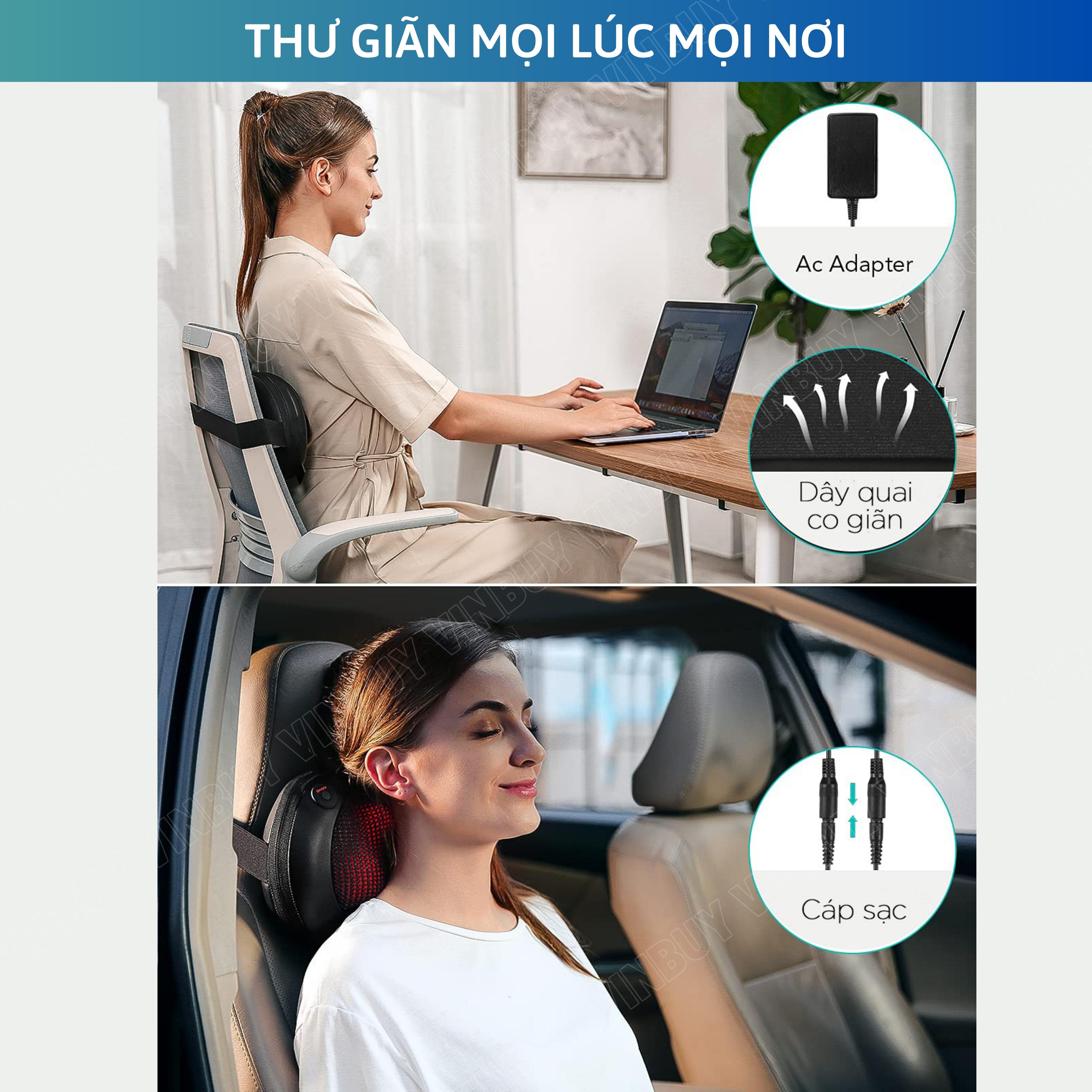 Gối Massage Cổ Vai Gáy Hồng Ngoại VINBUY, Máy Massage Cổ Vai Gáy 2 Chiều - Mát Xa Chuyên Sâu Cho Cổ, Vai Gáy, Lưng Dưới, Đùi, Chân - Sử Dụng Tại Nhà, Văn Phòng, Trên Ô Tô - Hàng Chính Hãng