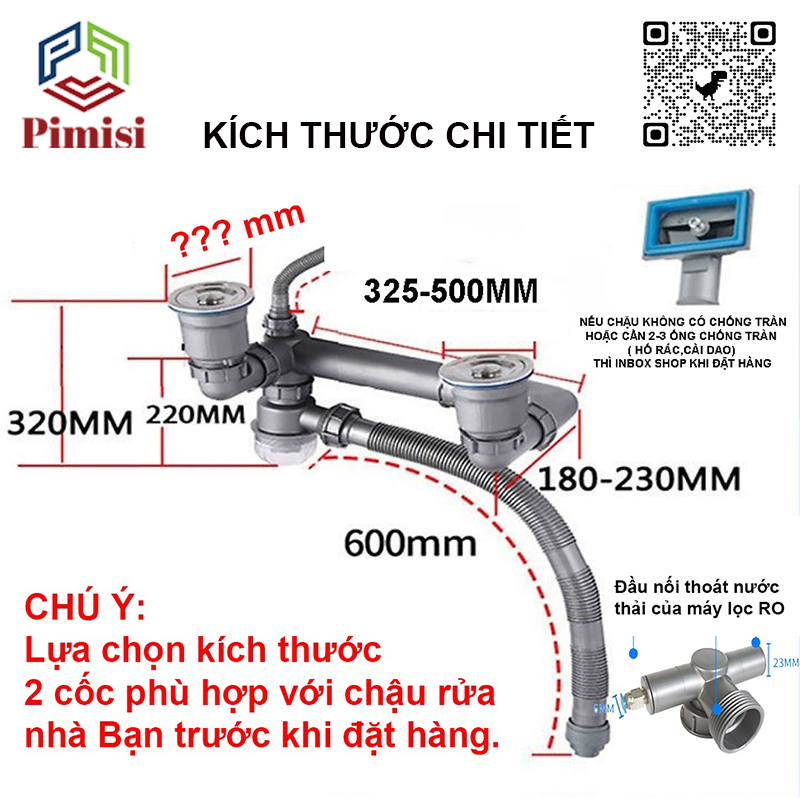 Kích thước chi tiết bộ xả thải chậu rửa chén Pimisi