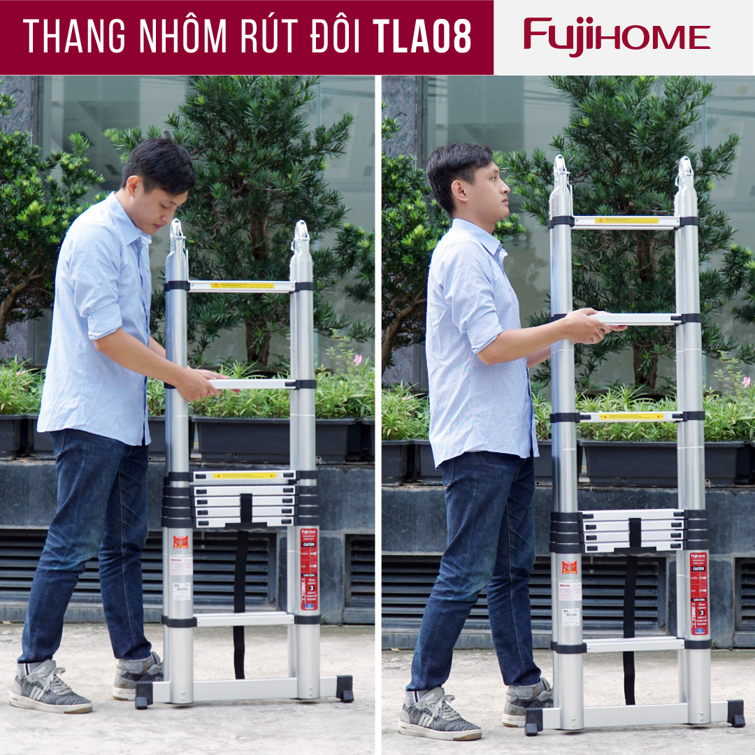Thang nhôm rút gọn chữ A  FUJIHOME TLA08 ( Chiều cao chữ A  2,5m - Cao chữ I 5m, Khóa an toàn, đế chống trượt) Hàng Chính hãng