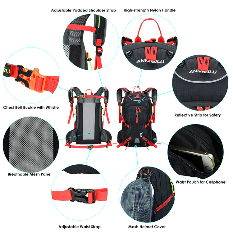 25L Water-resistant Breathable Cycling Bicycle Bike Shoulder Backpack Ultralight Outdoor Sports Riding Travel - Red