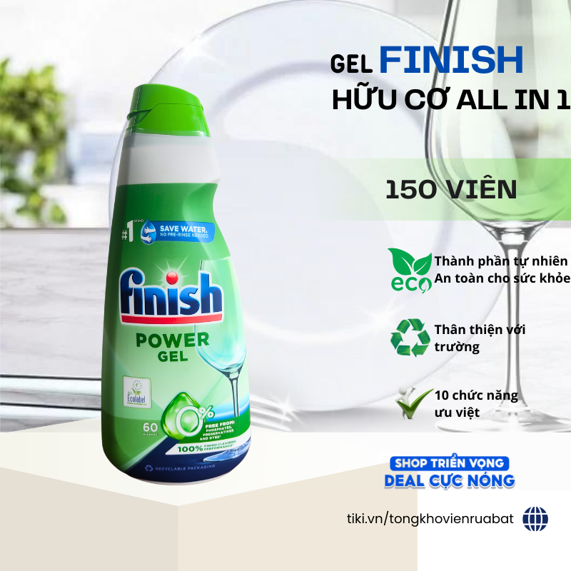 Gel rửa bát Finish Eco 0% 900ml Nhập khẩu EU dùng cho máy rửa bát, nước rửa bát finish hữu cơ 900 ml