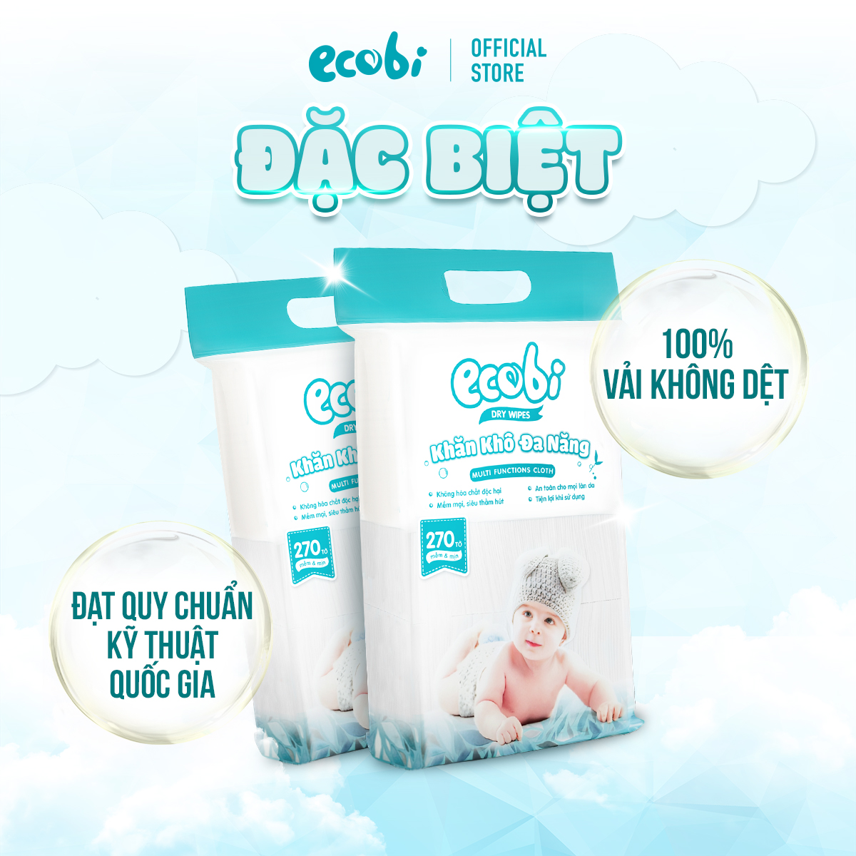 Thùng 05 túi khăn vải khô đa năng cho bé Ecowipes túi 270 tờ 345g mềm mịn dai thấm hút tốt