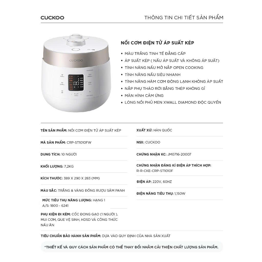 Nồi cơm điện tử áp suất kép Cuckoo CRP-ST1010FW (1.8L) (màu trắng) - Hàng Chính Hãng
