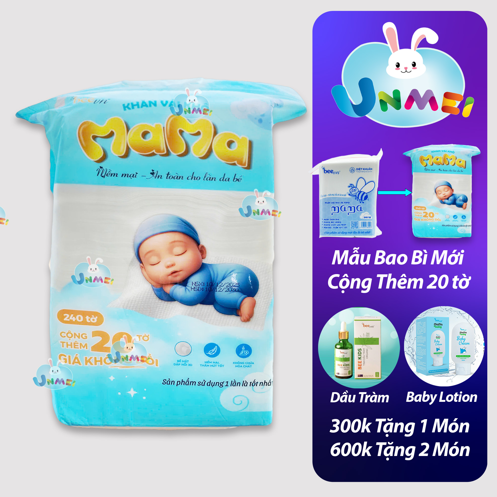 Combo 5 bịch khăn vải khô đa năng Mama (bịch 240 tờ)
