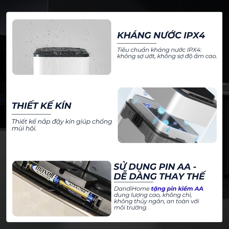 Thùng rác thông minh cảm ứng tự động đóng mở DandiHome - Tặng pin AA