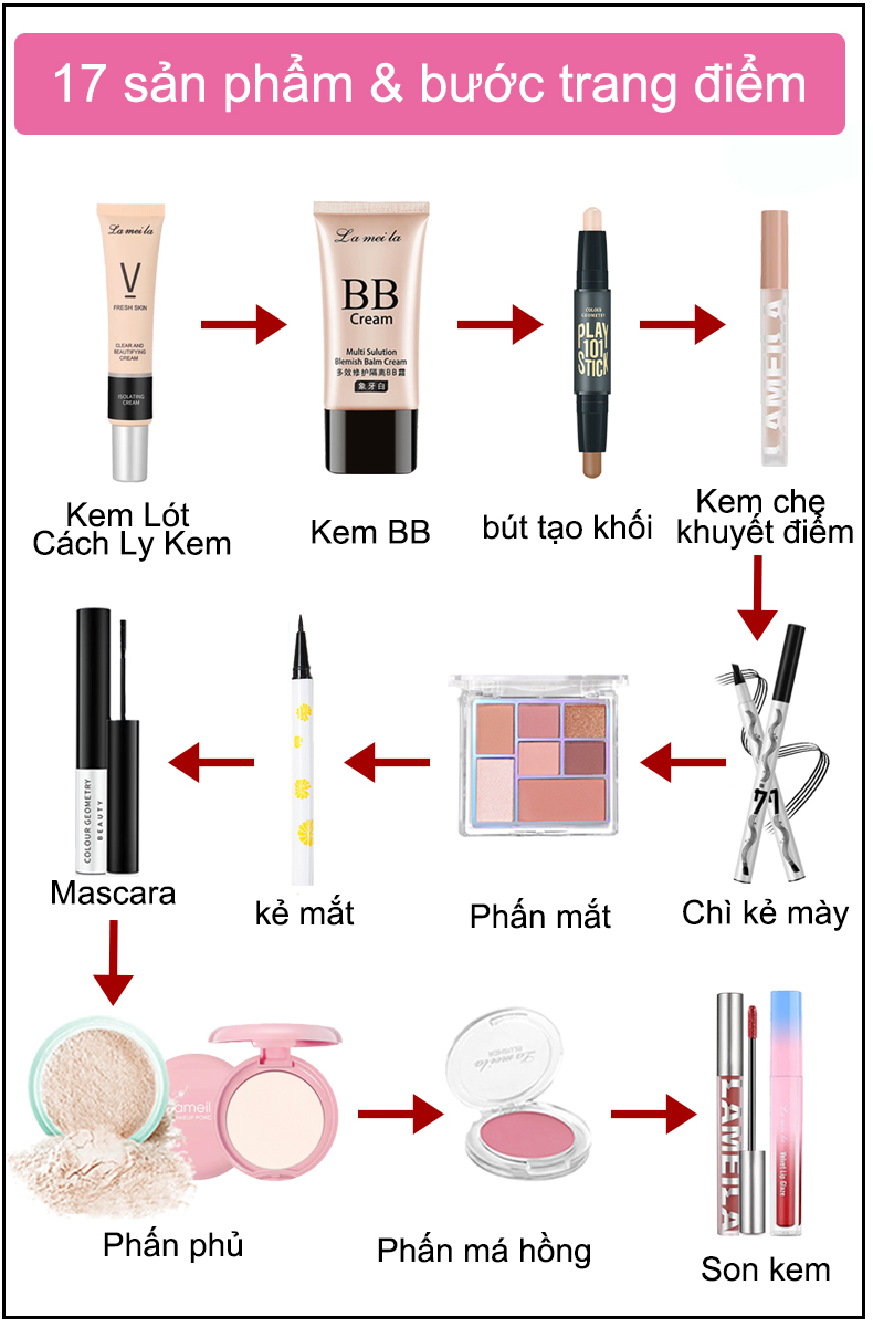 Combo trang điểm LAMEILA 17 món Kem BB+Phấn phủ*2+Phấn mắt+Mascara+Chì kẻ mày+Kem Lót Cách Ly Kem +Son môi *2+bút tạo khối +kẻ mắt+Phấn má hồng+kẹp bấm mi+Dao tỉa lông mày+Cọ trang điểm+Kem che khuyết điểm+Mút trang điểm