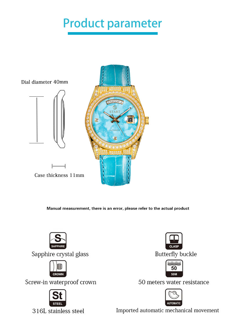 【START】Đồng hồ nam đá ngọc lam tự nhiên（Turquoise）đồng hồ kim cương chức năng hiển thị thứ ngày  đồng hồ cơ tự động dây da cá sấu Khóa bướm