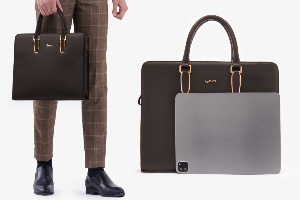 Cặp Da Nam Công Sở Túi Xách GENCE CTS08 Da Bò Cao Cấp Màu Nâu Có Dây Đeo Vai