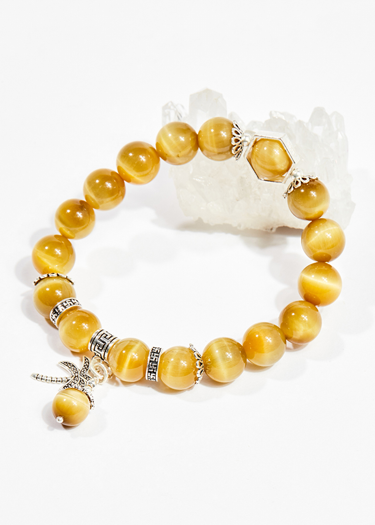 Vòng tay phong thủy đá mắt hổ vàng tâm charm cây 10mm mệnh thổ , kim - Ngọc Quý Gemstones