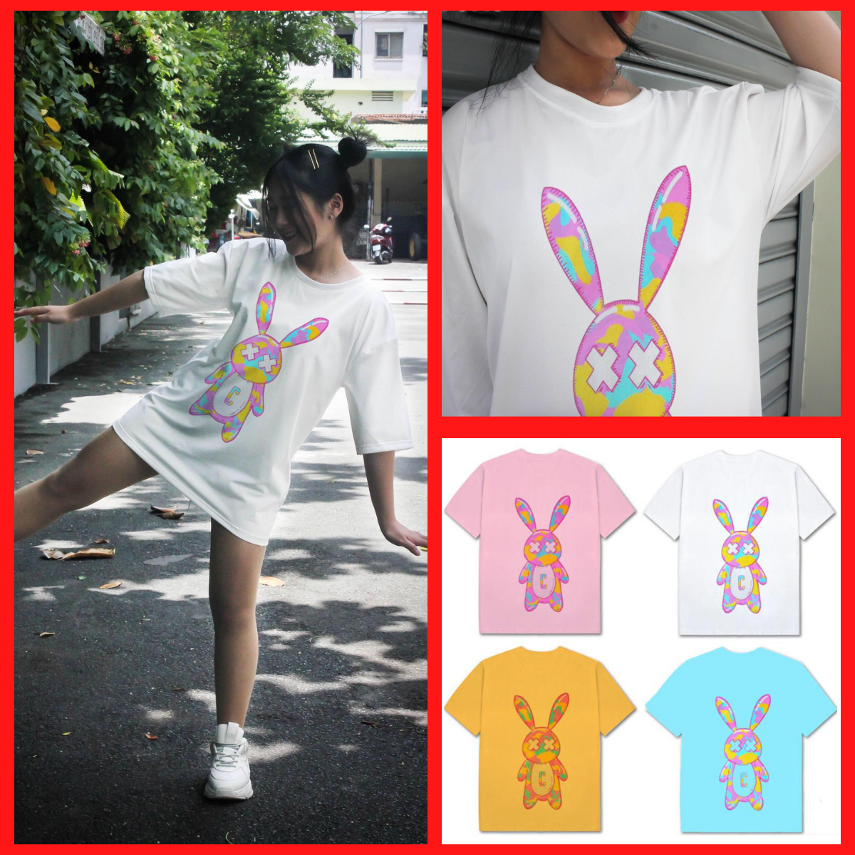 Áo Thun Nữ Unisex In Hình Con Thỏ Nhiều Màu