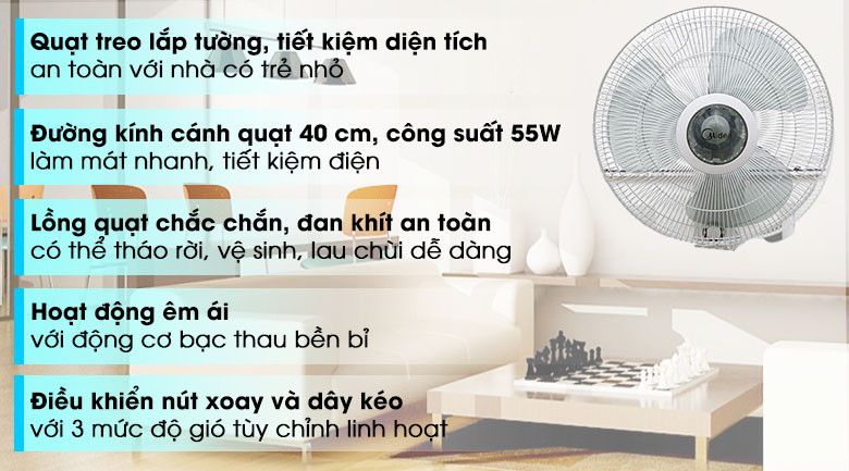 Quạt Treo Tường 3 Cánh Midea FW40-6H (Công Suất 55W - 3 Cấp Gió) - Hàng Chính Hãng
