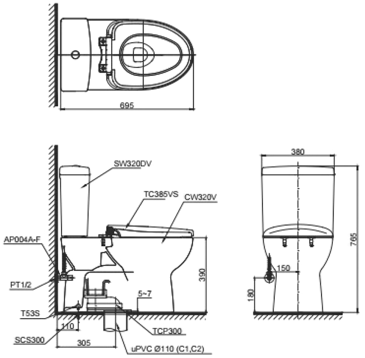 Bồn Cầu Hai Khối Toto CS320DRT3 Nắp TC385VS