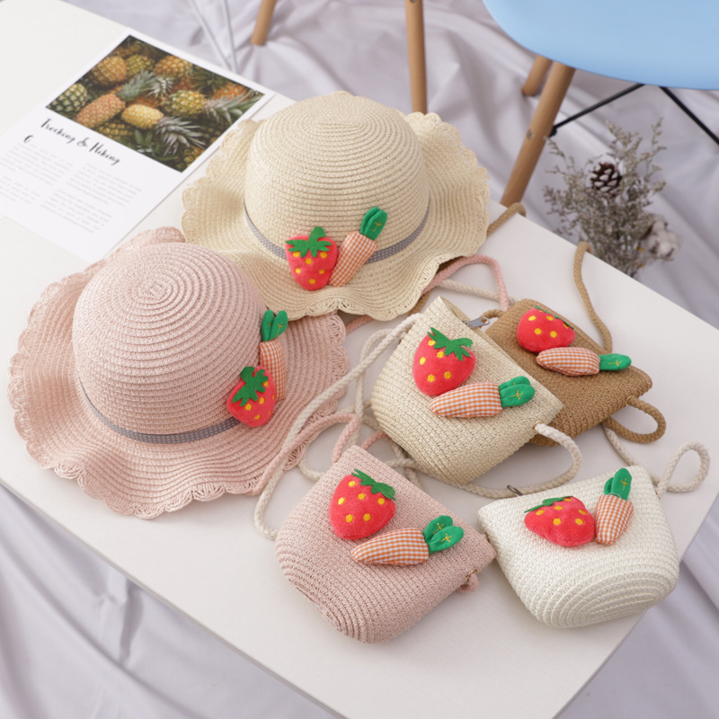 Set mũ cói cà rốt dâu tây + túi xách cói đi biển thời trang cho bé gái