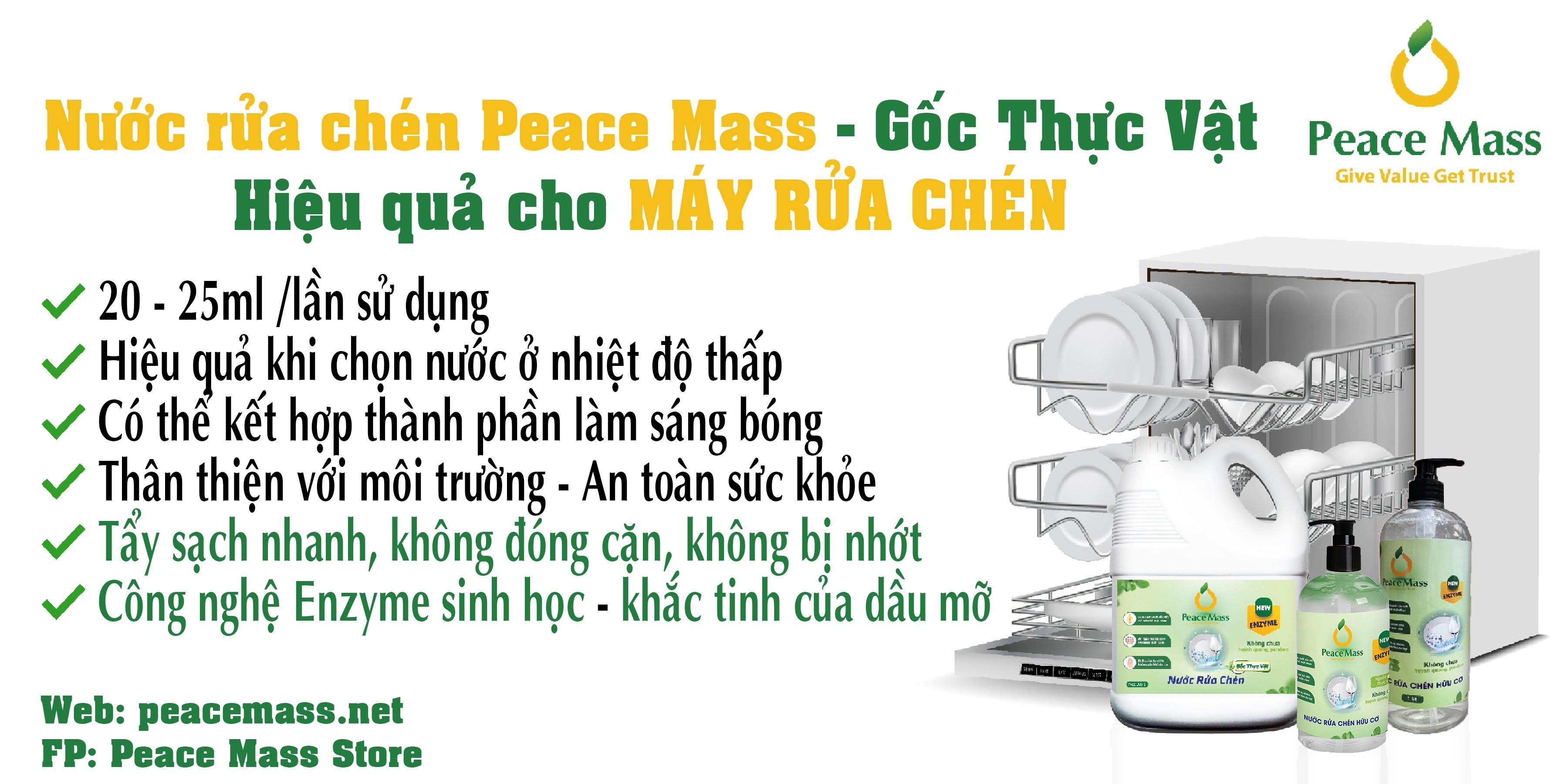 Nước Rửa Chén Gốc Thực Vật Peace Mass Dùng Được Cho Máy Rửa Chén (Thuộc nhóm Sản phẩm Lành tính) Chai 500ml