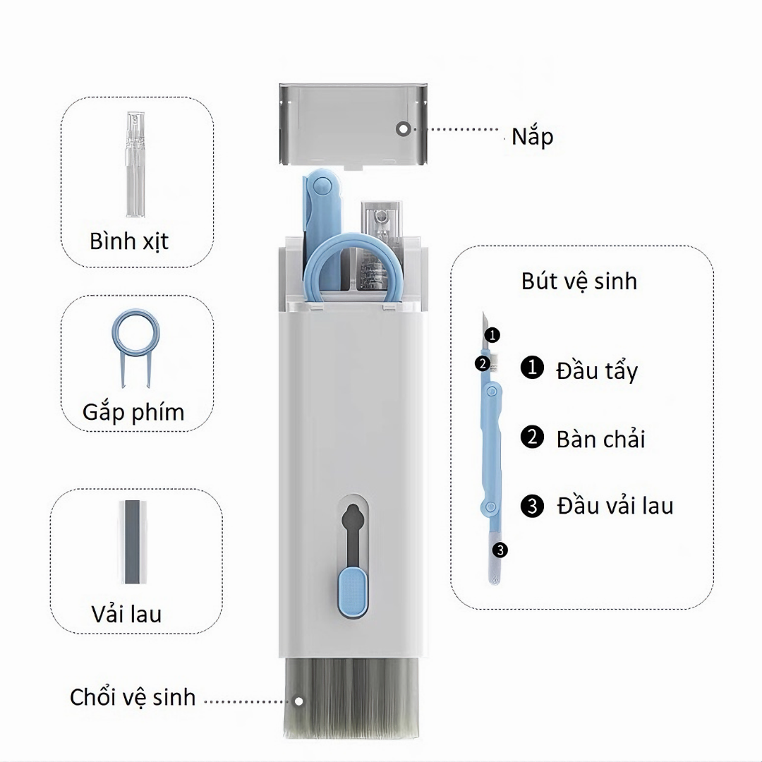 Bộ dụng cụ vệ sinh bàn phím máy tính, laptop, máy ảnh, tai nghe đa năng 7in1 nhỏ gọn tiện lợi, dễ dàng mang theo - Hàng chính hãng