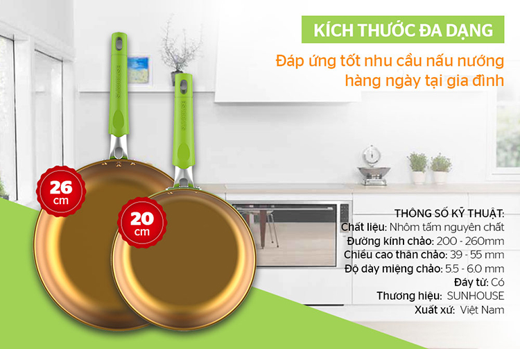 Cặp Chảo Chống Dính Đáy Từ Sunhouse SHG112026MGC - Xanh