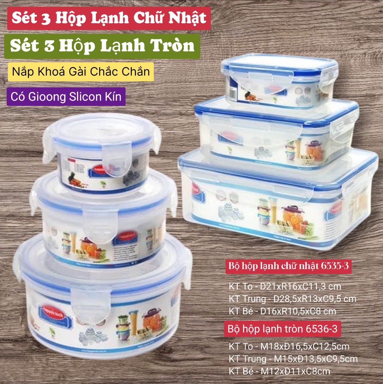 Bộ 3 hộp nhựa đựng thực phẩm có nắp đậy khóa và gioong silicon chắc chắn và kín chống tràn Việt Nhật cao cấp