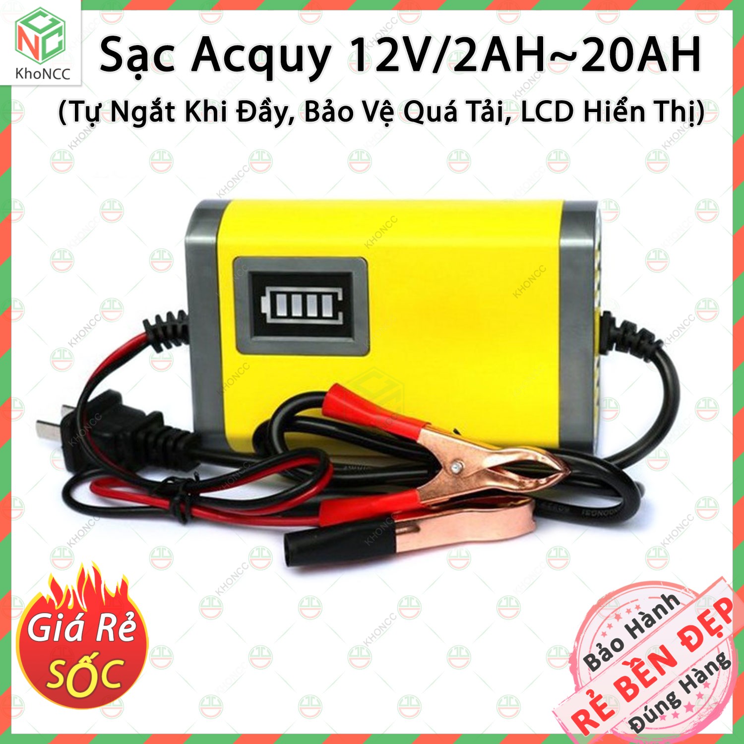 [Quá Tiện] Sạc Bình Ắc Quy KhoNCC Hàng Chính Hãng - Điện áp 12V2A dòng 2~20Ah - Cho Cả Bình Khô Hoặc Nước Của Xe Máy, Ôtô - KDHS-SAQXM