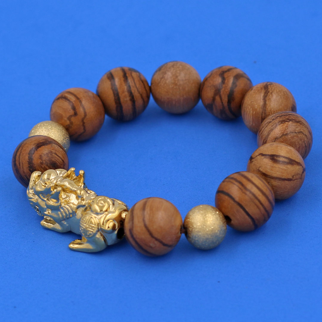 Chuỗi tay Gỗ Huỳnh Đàn 15 ly - Vòng tay Tỳ Hưu inox vàng VGHUDTHHBV15 - Vòng đeo tay size lớn, phù hợp cho nam