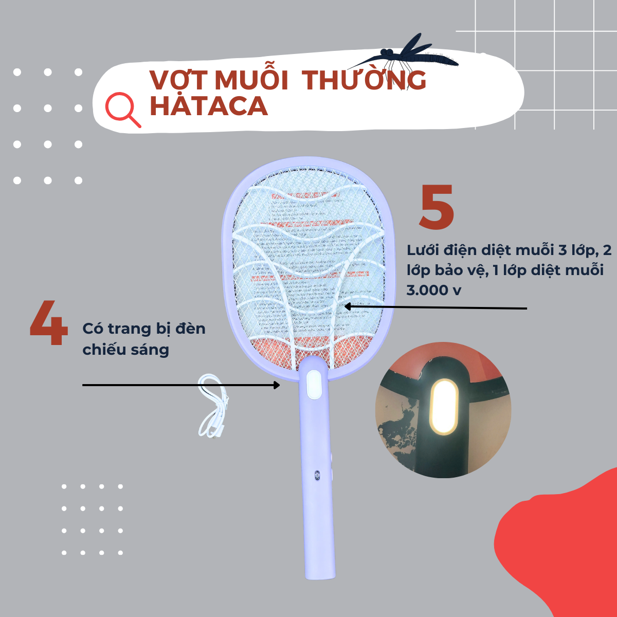Vợt muỗi HATACA CON DƠI PIN LITHIUM 1200MAH THAY THẾ ĐƯỢC