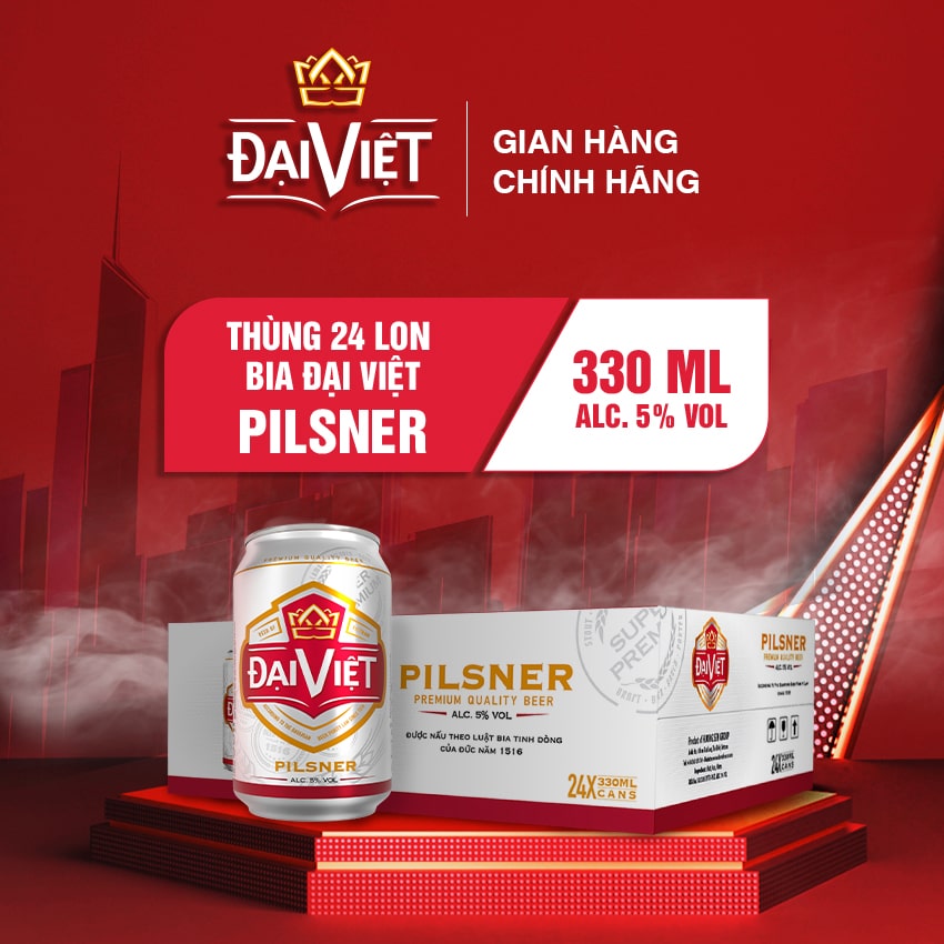 [Thùng (24) lon 330ml] Bia Pilsner Đại Việt, Bia vàng sản xuất theo luật bia tinh dòng của Bia Đức, không hóa chất, đậm vị đúng gu