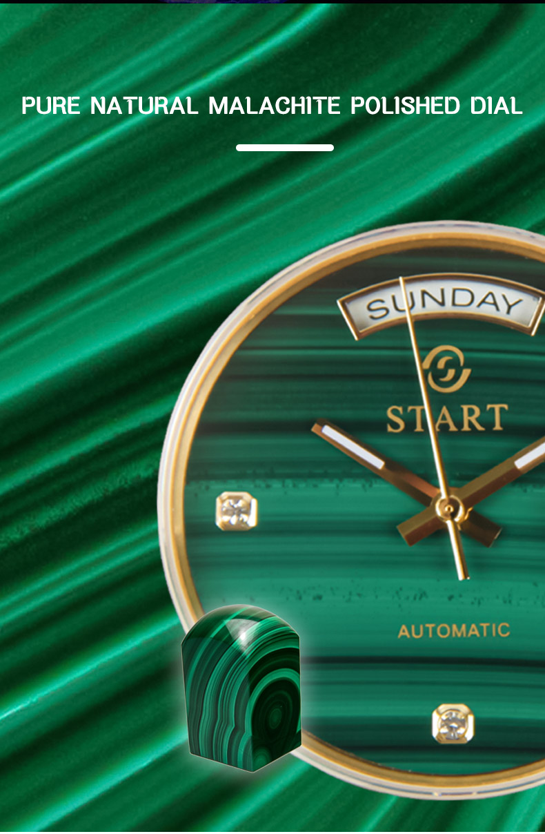 【START】Đồng hồ nam đá khổng tước tự nhiên（Malachite）đồng hồ kim cương chức năng hiển thị thứ ngày  đồng hồ cơ tự động dây da cá sấu Khóa bướm
