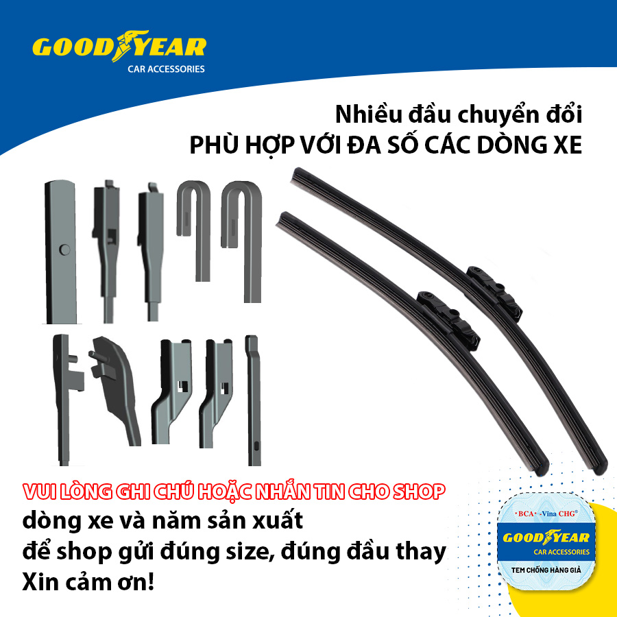 Gạt Mưa Không Xương GOODYEAR Chân Cài Đa Năng (Đầu A, B) Lắp Được Nhiều Dòng Xe Đặc Biệt - Nhập Khẩu Chính Hãng