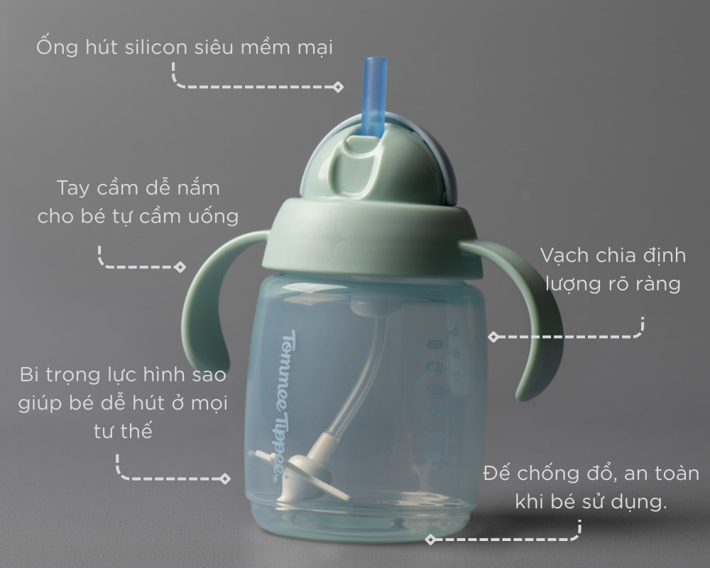 Bình tập uống nước có ống hút bi trọng lực chống tràn, chống sặc Tommee Tippee Trainer Straw, 240ml, cho bé từ 6 tháng– Xanh