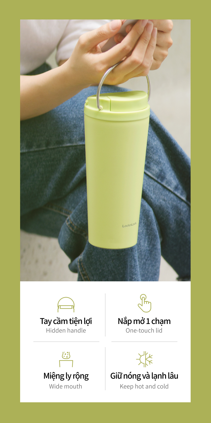 Ly Giữ Nhiệt LocknLock Bucket One Touch LHC3345 550ml, Hàng Chính Hãng, Quai Xách Tiện Lợi - JoyMall