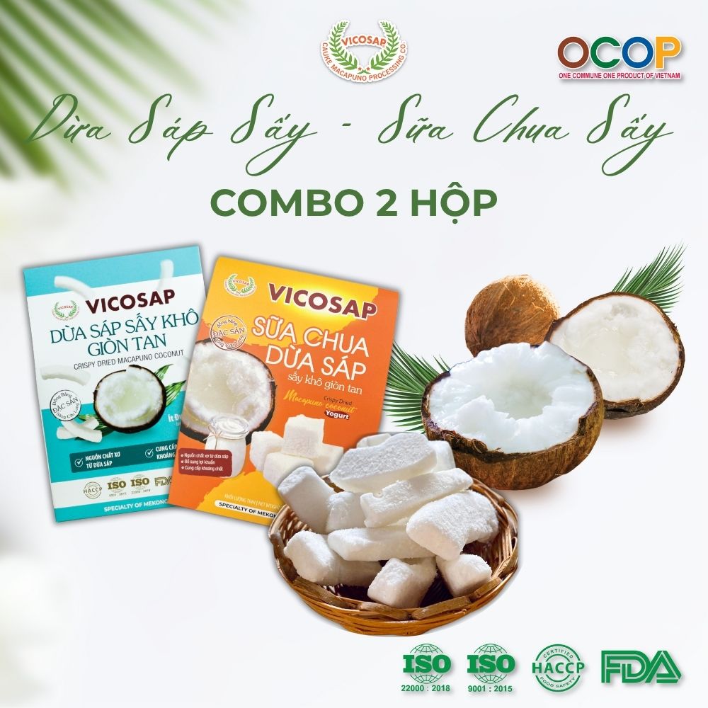 Combo 1 Dừa sáp sấy giòn 1 Sữa Chua dừa sáp sấy thăng hoa cao cấp Vicosap ít đường đồ ăn vặt healthy đặc sản Trà Vinh - Snack Food