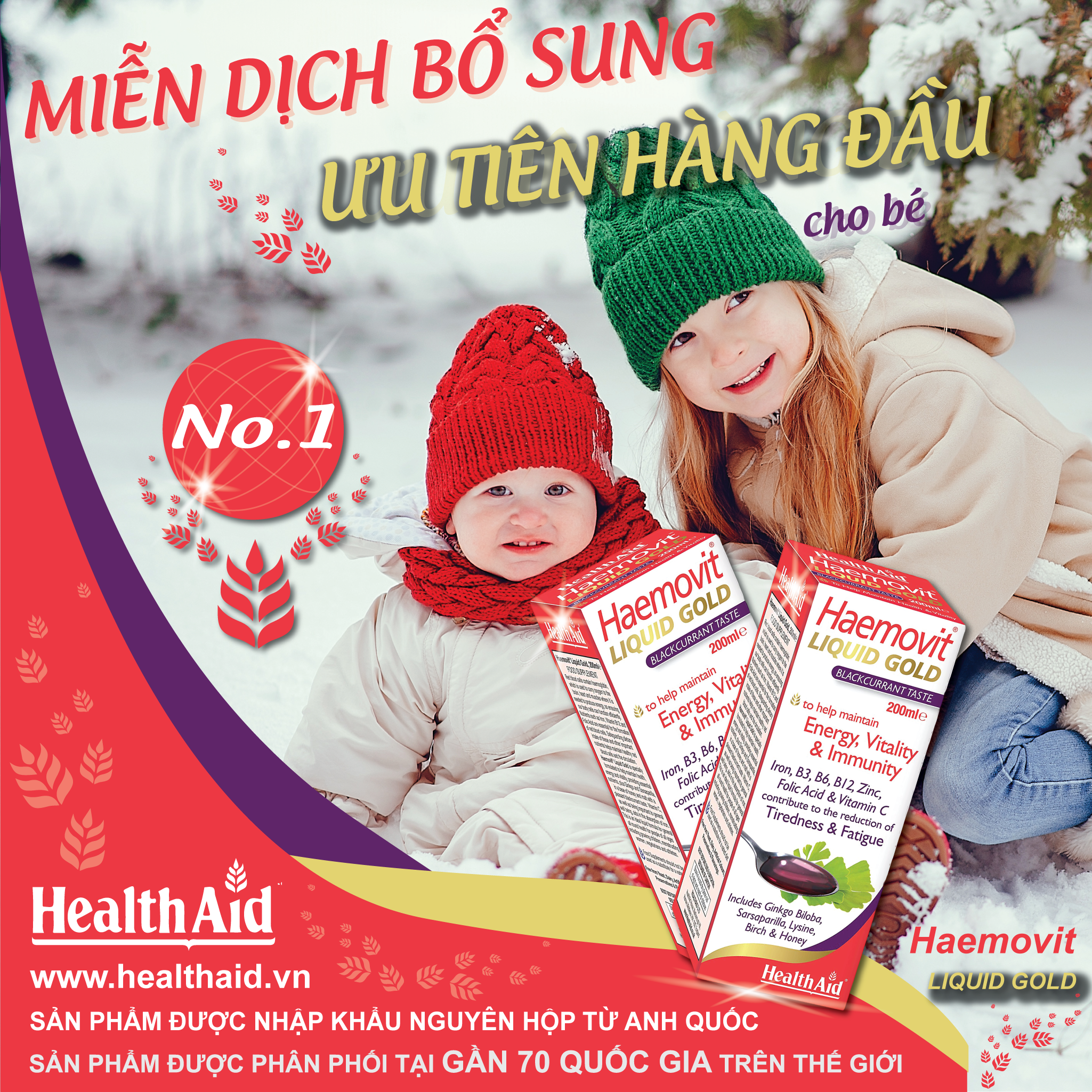 Thực phẩm bảo vệ sức khỏe đến từ Anh Quốc - Siro chứa các vitamin và khoáng chất giúp bổ sung năng lượng, bổ máu và tăng cường miễn dịch cho bé từ 3 tuổi HEALTH AID HAEMOVIT LIQUID GOLD vị quả lý chua gai đen (Hộp 1 chai 200ml) 1