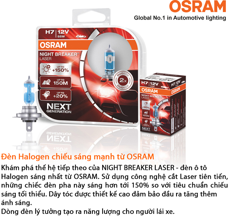 Bóng Đèn Xe Hơi/Ô tô Halogen Tăng Sáng 150% OSRAM NIGHT BREAKER LASER H4 12V 60/55W