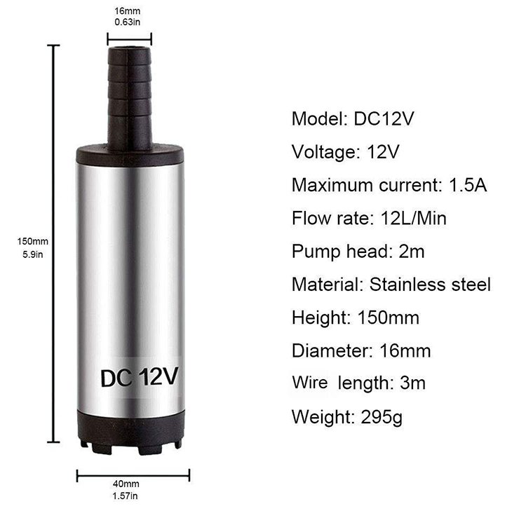 DC 12V Electric Submersible Pump Stainless Steel Submersible Pump for Water Diesel Oil Voltage:12V Silver