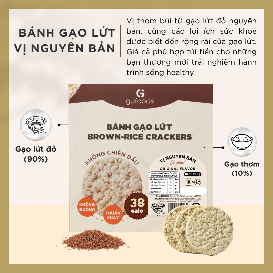 Bánh gạo lứt GUfoods (300g) - Không chiên dầu, Không đường, Từ gạo và ngũ cốc nguyên hạt, Lành mạnh, Phù hợp Eat clean, Ăn vặt healthy, Thực dưỡng, Tập gym, Thuần chay, Đa dạng hương vị