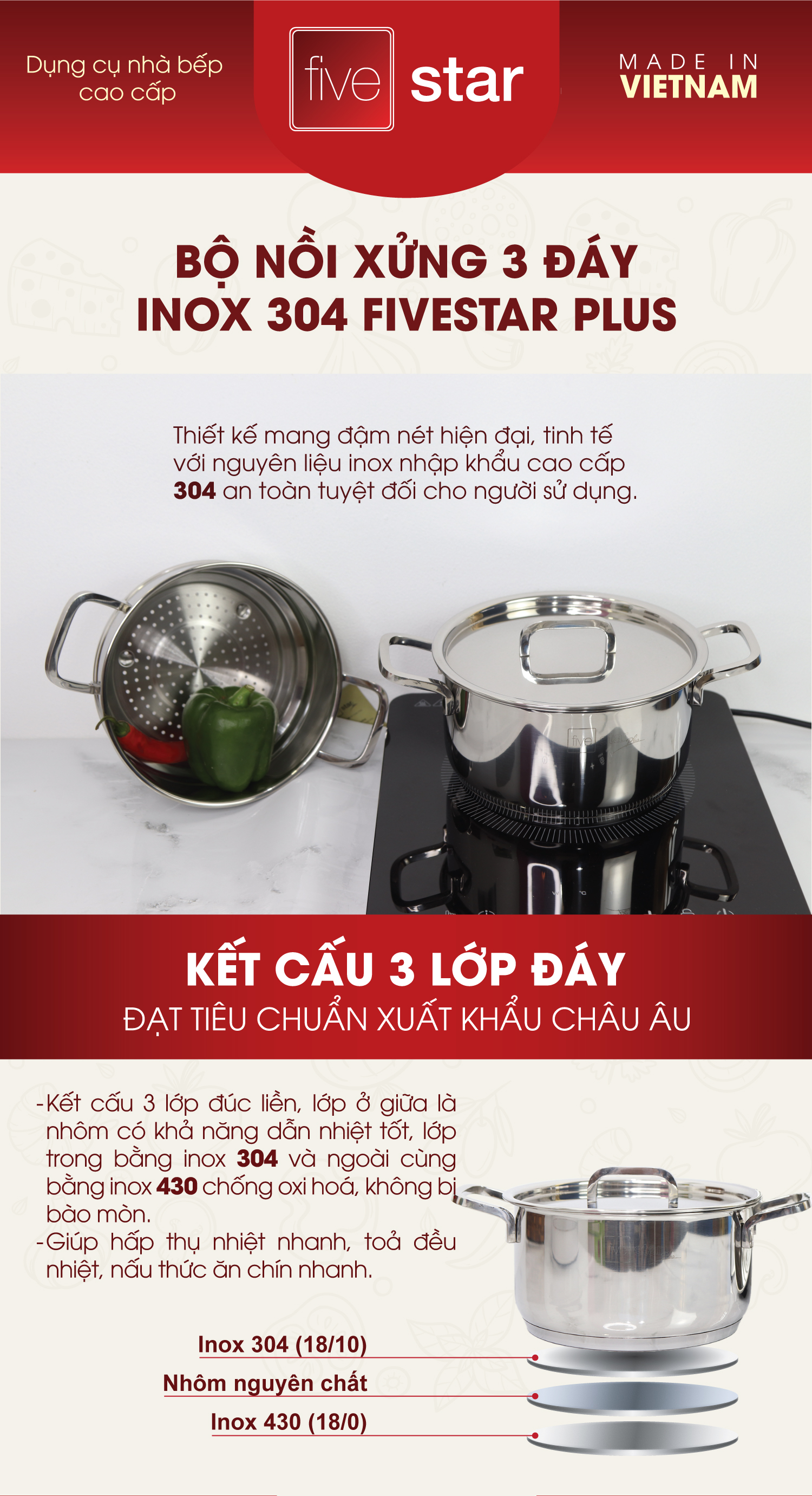 Bộ nồi xửng hấp inox FiveStar Standard 304 nắp inox , 3 đáy bếp từ tặng 2 vá canh ( 20cm )