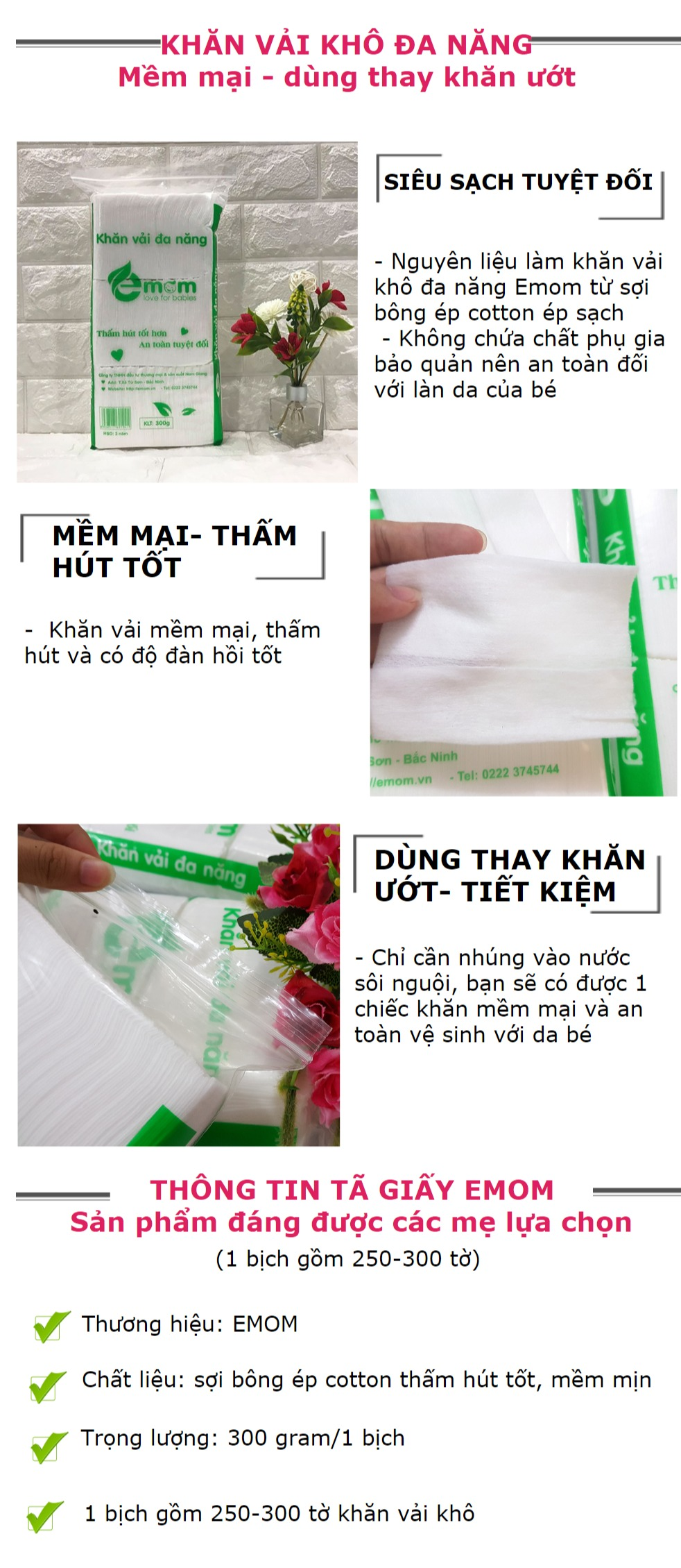 [COMBO 3 GÓI] Khăn Vải Đa Năng Cho Trẻ Sơ Sinh Emom ( Dùng Thay Khăn Giấy Ướt Cho Bé ) - Khăn Khô Mềm Mại,Tiện Lợi,Tiết Kiệm - Giấy Khô Đa Năng Cho Bé Sơ Sinh 4