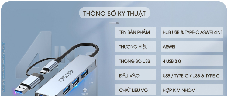 cổng chia, hub type c aswei, hub usb 3.0 aswei