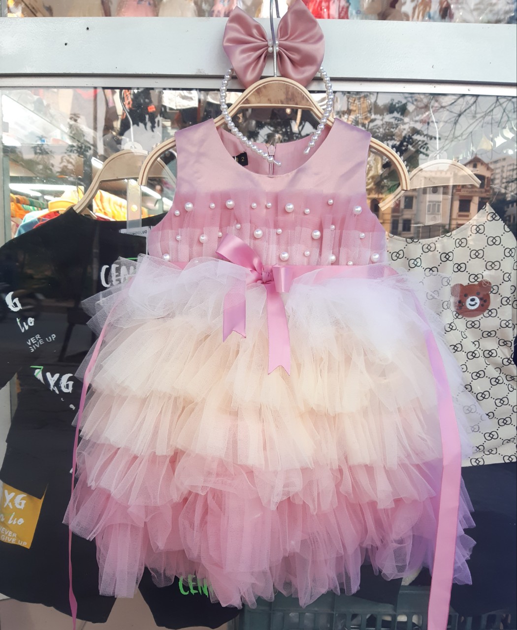 Váy công chúa bé gái 2-7 tuổi sát nách phối ren nhiều tầng kèm bờm, Đầm dự tiệc cho bé cao cấp điệu đà đáng yêu