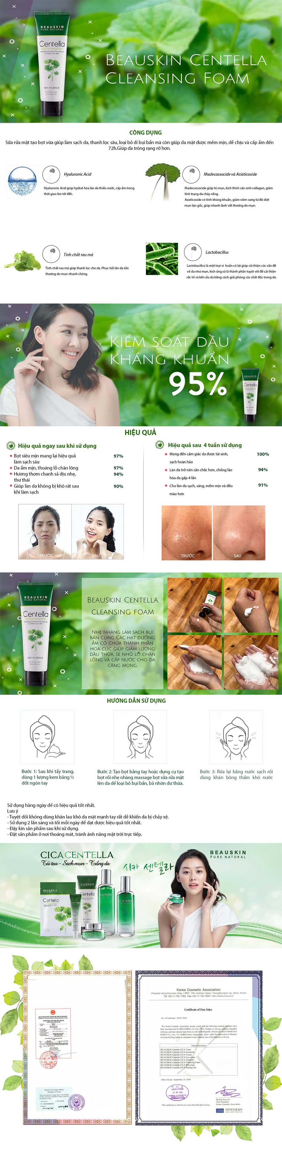 Sữa rửa mặt trắng da trị mụn sạch nhờn trị nám dưỡng mềm da mờ sẹo Beauskin Centella CICA Cleansing Foam, Hàn Quốc 120 ml