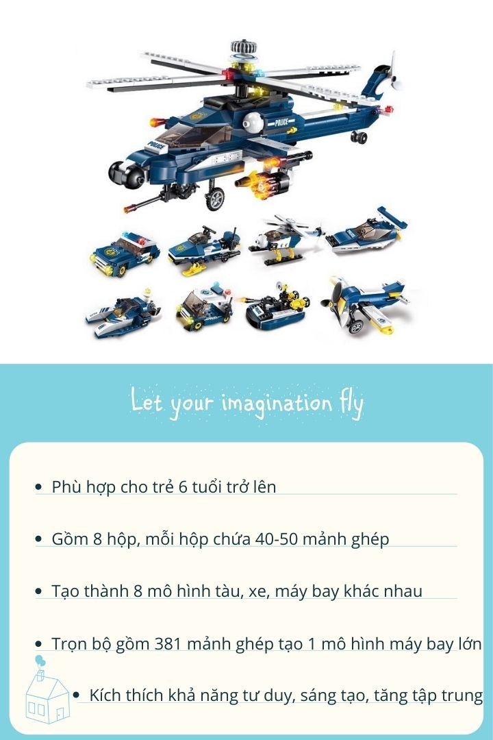 Hộp 8 bộ đồ chơi lắp ráp Trực thăng tấn công 8in1 Qman 1801 (381 chi tiết)